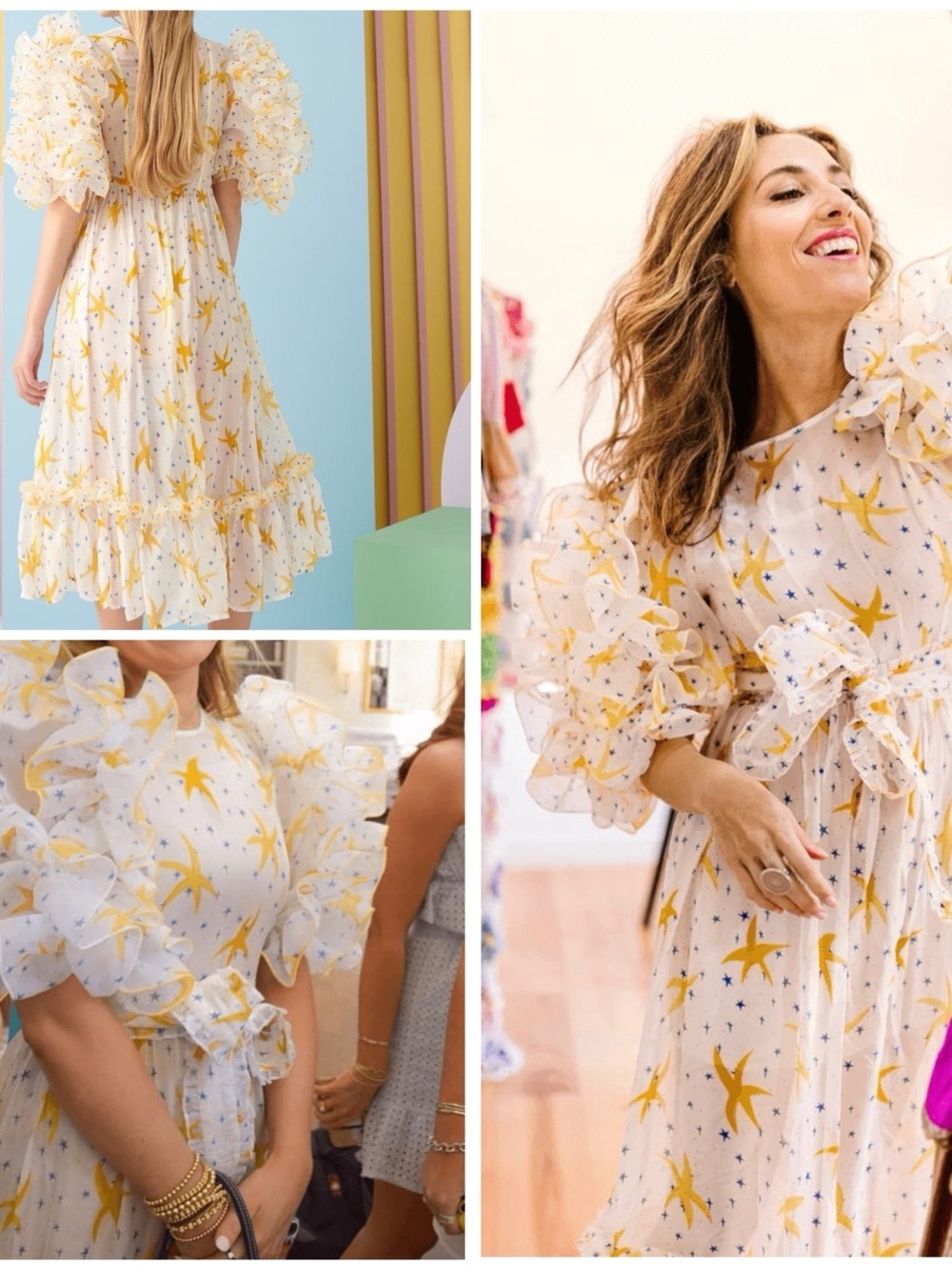 Celia B Zale Star Crescent Dots Statement Ruffle Sleeve Silk Blend Dress CeliaB​